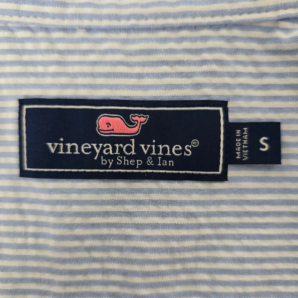 Vineyard Vines Seersucker Shirt Men S Short Sleeves Stretch Blue Striped Whale - Picture 10 of 13
